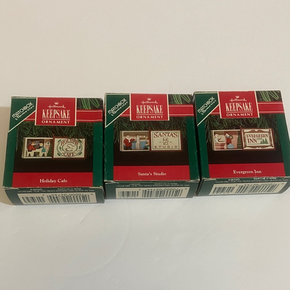 Hallmark Vintage Matchbox Keepsake mini Ornaments Set of 3, Holiday Cafe, Santa